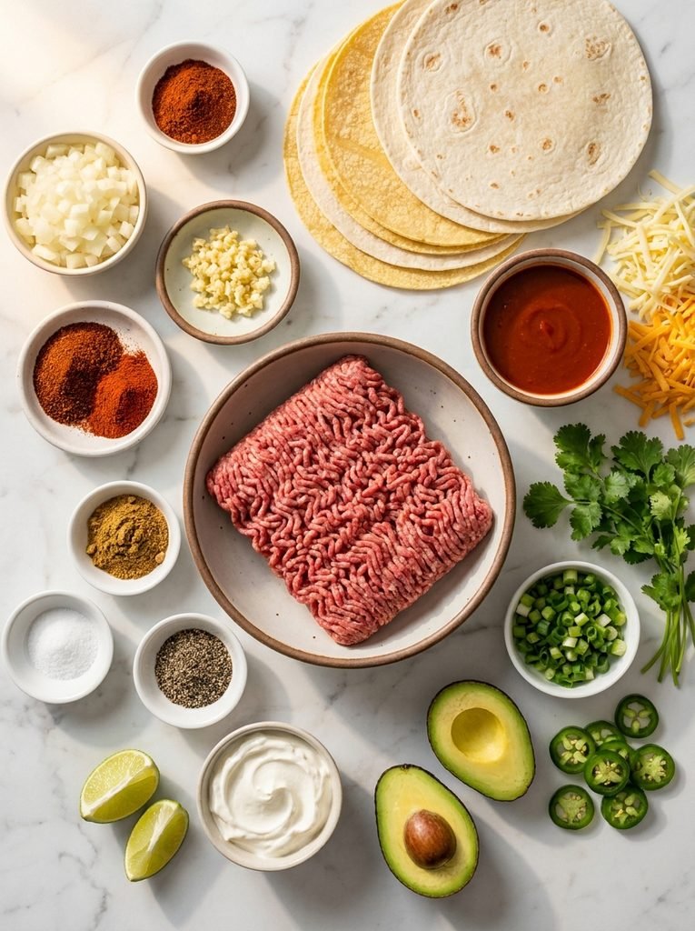 Easy beef enchiladas recipe ingredients arranged