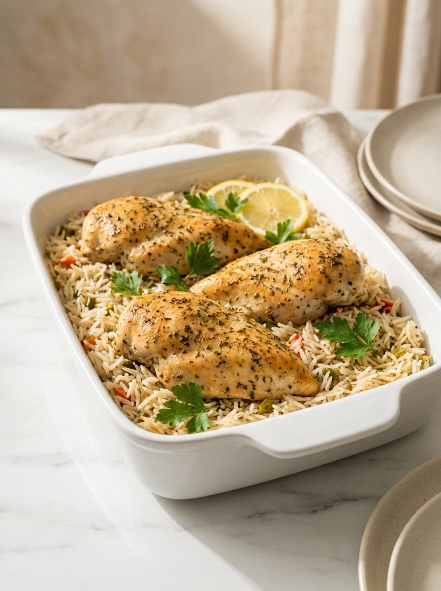 Easy baked chicken and rice recipe with juicy golden-brown chicken and flavorful rice