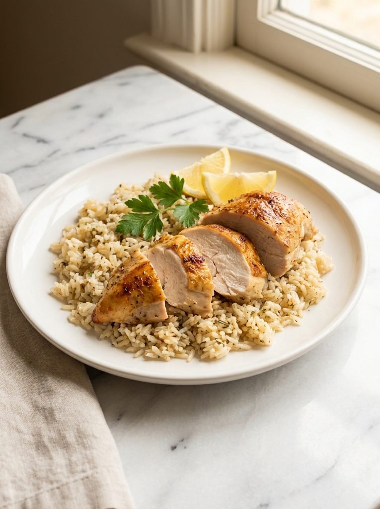 Juicy baked chicken served with fluffy flavorful rice on a white plate