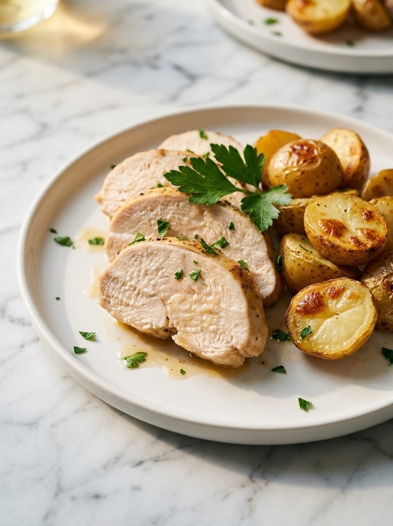 Easy chicken and potatoes recipe with juicy baked chicken and roasted potatoes