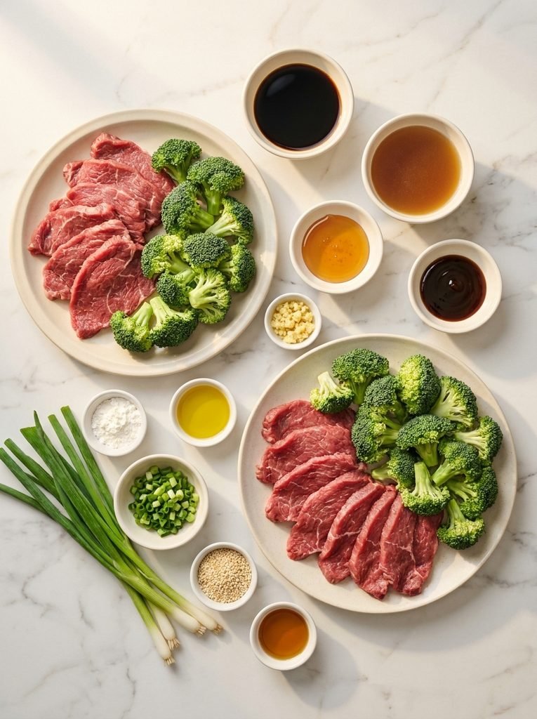 Easy beef and broccoli recipe ingredients on white marble