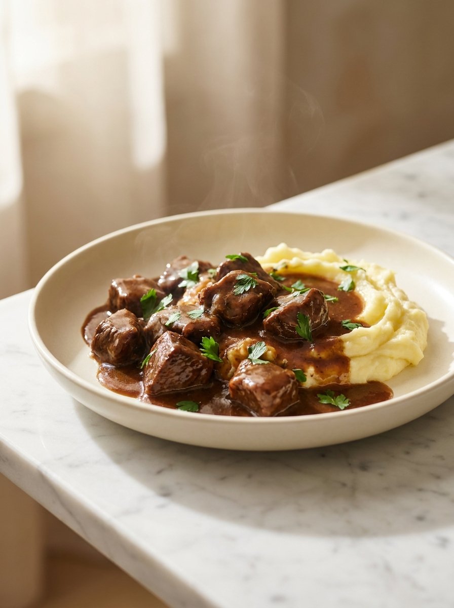 Easy beef tips and gravy served with creamy mashed potatoes