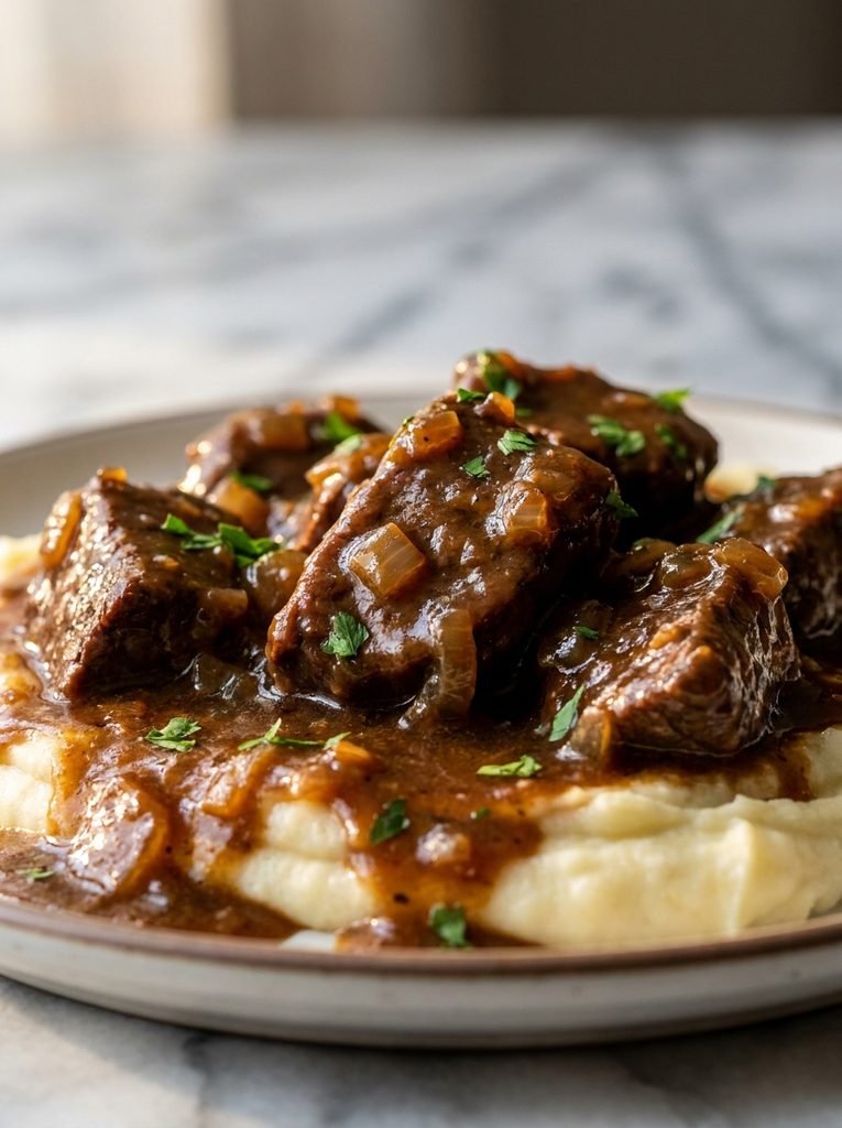 Beef tips coated in rich homemade brown gravy
