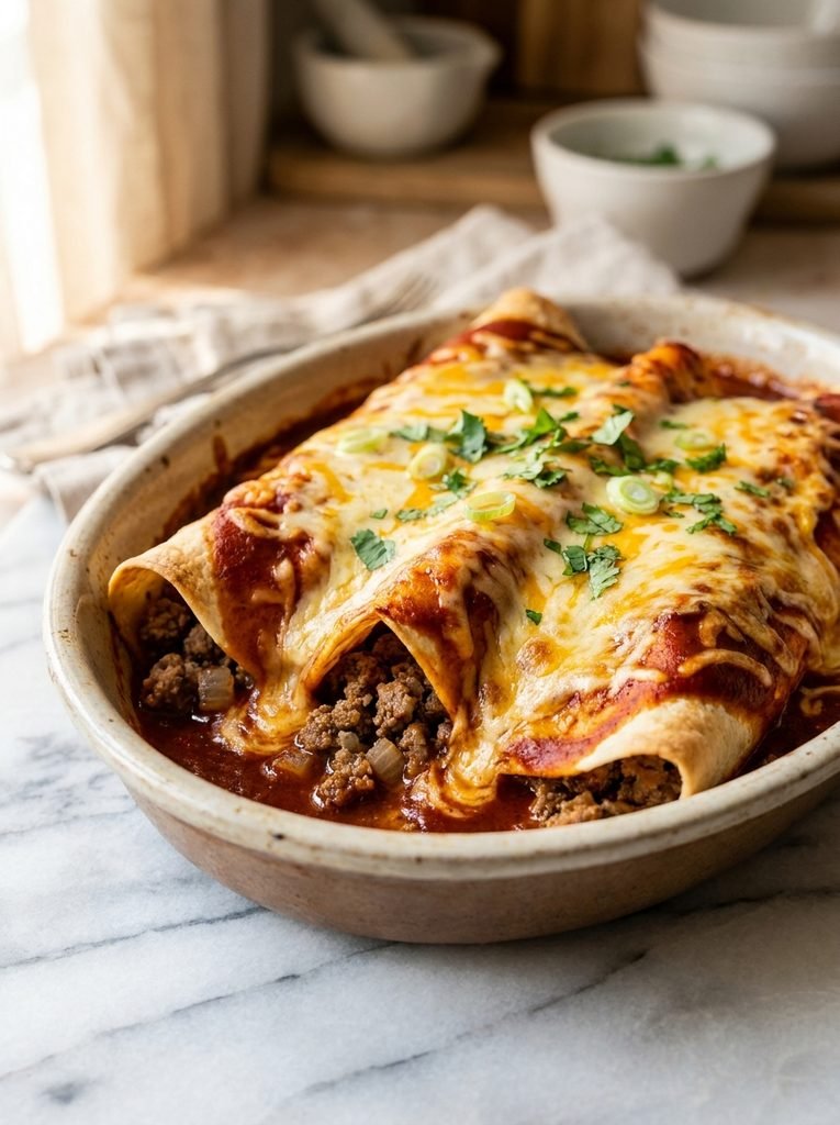 Easy beef enchiladas recipe served with rice and fresh toppings