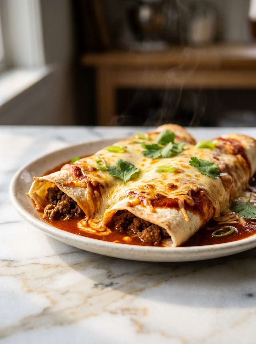 Easy beef enchiladas recipe with seasoned ground beef and melted cheese
