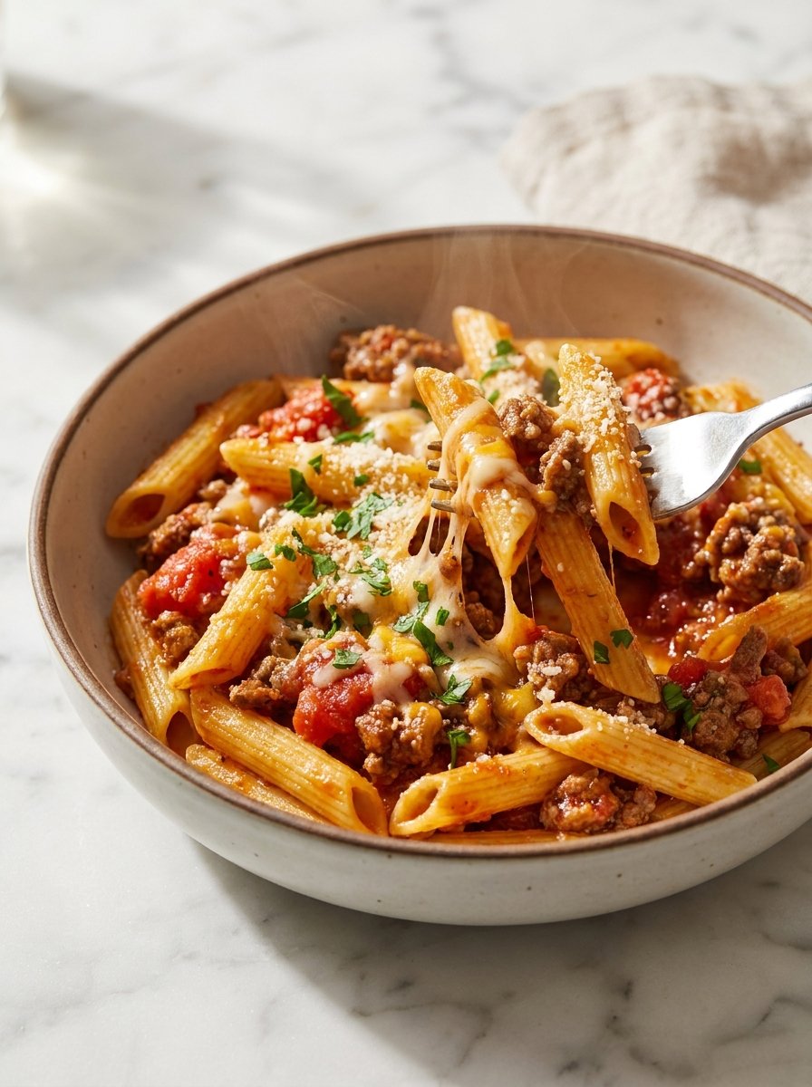 Easy ground beef pasta recipe with seasoned beef, tomato sauce, and melted cheese