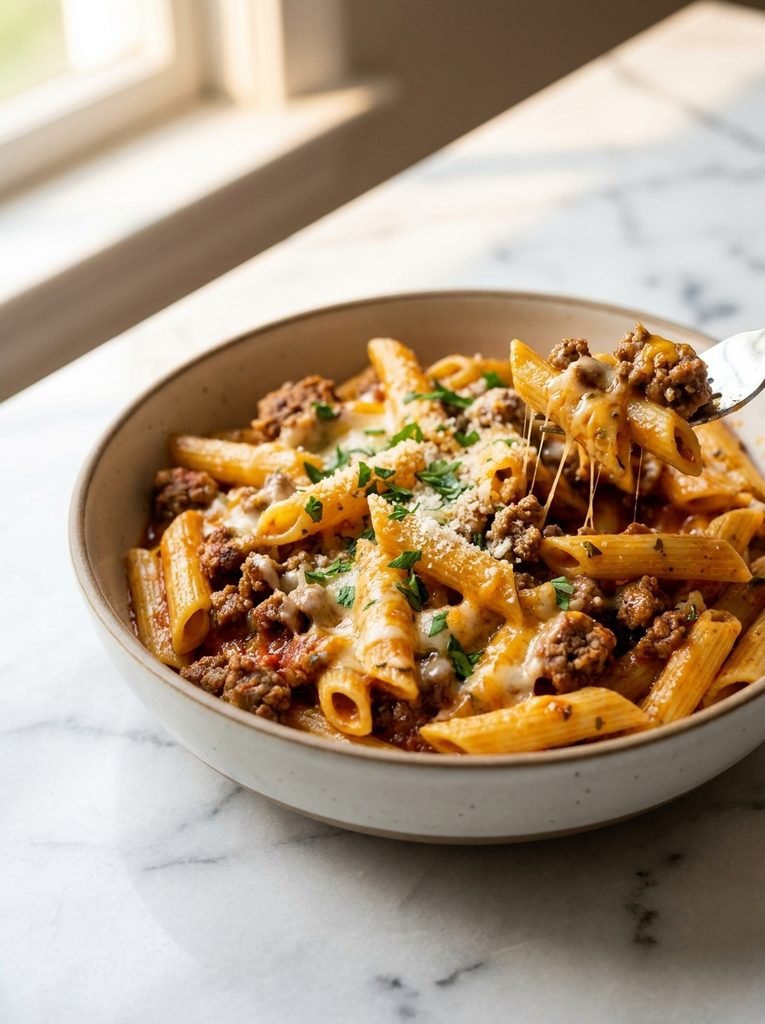 Cheesy ground beef pasta with rich tomato sauce and tender pasta