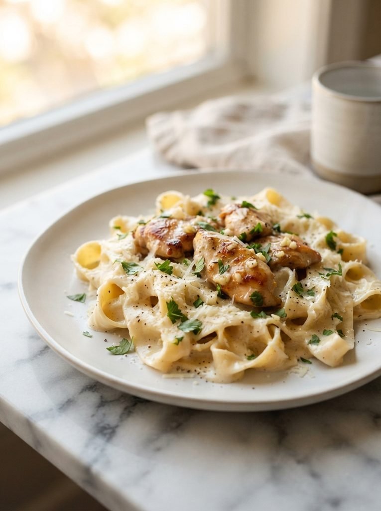 Creamy garlic chicken pasta with juicy chicken and rich Parmesan sauce
