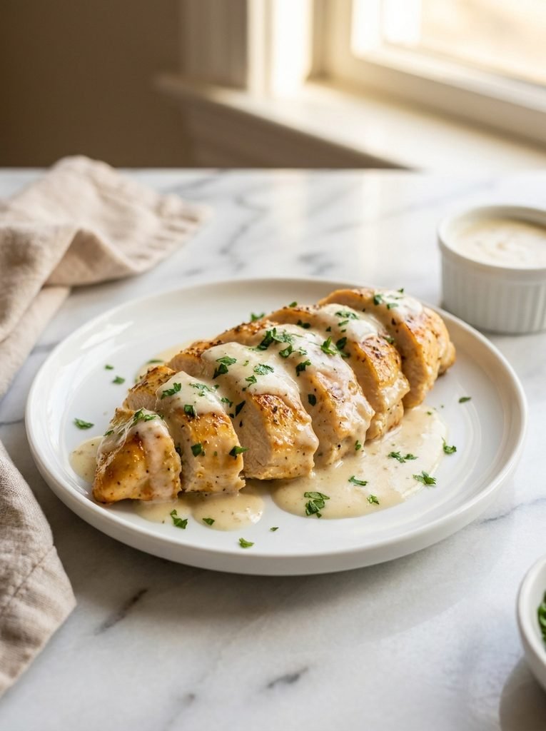 Juicy creamy garlic chicken served with garlic Parmesan sauce