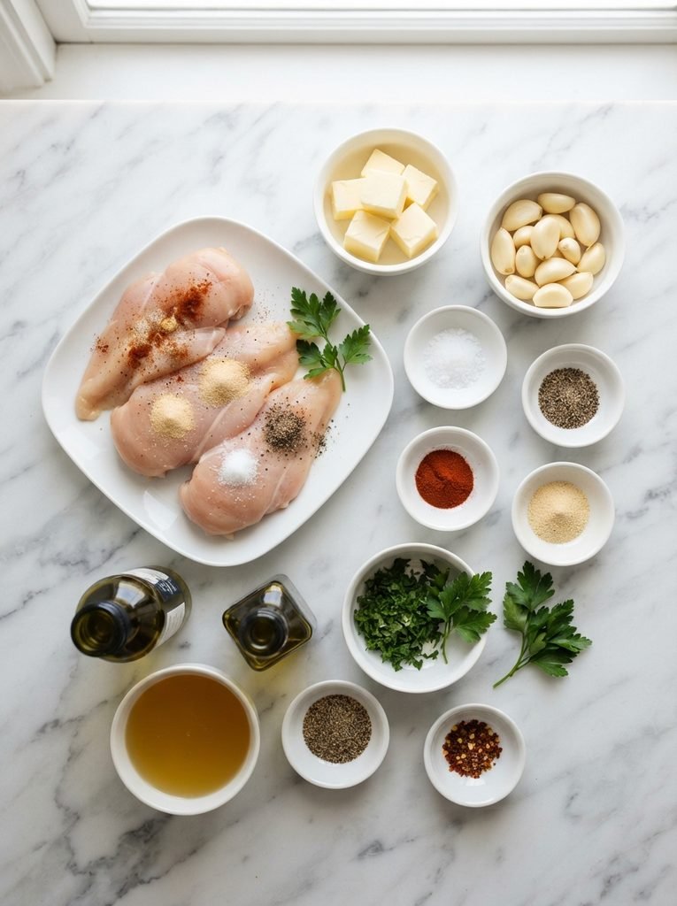Easy garlic butter chicken skillet recipe ingredients on white marble
