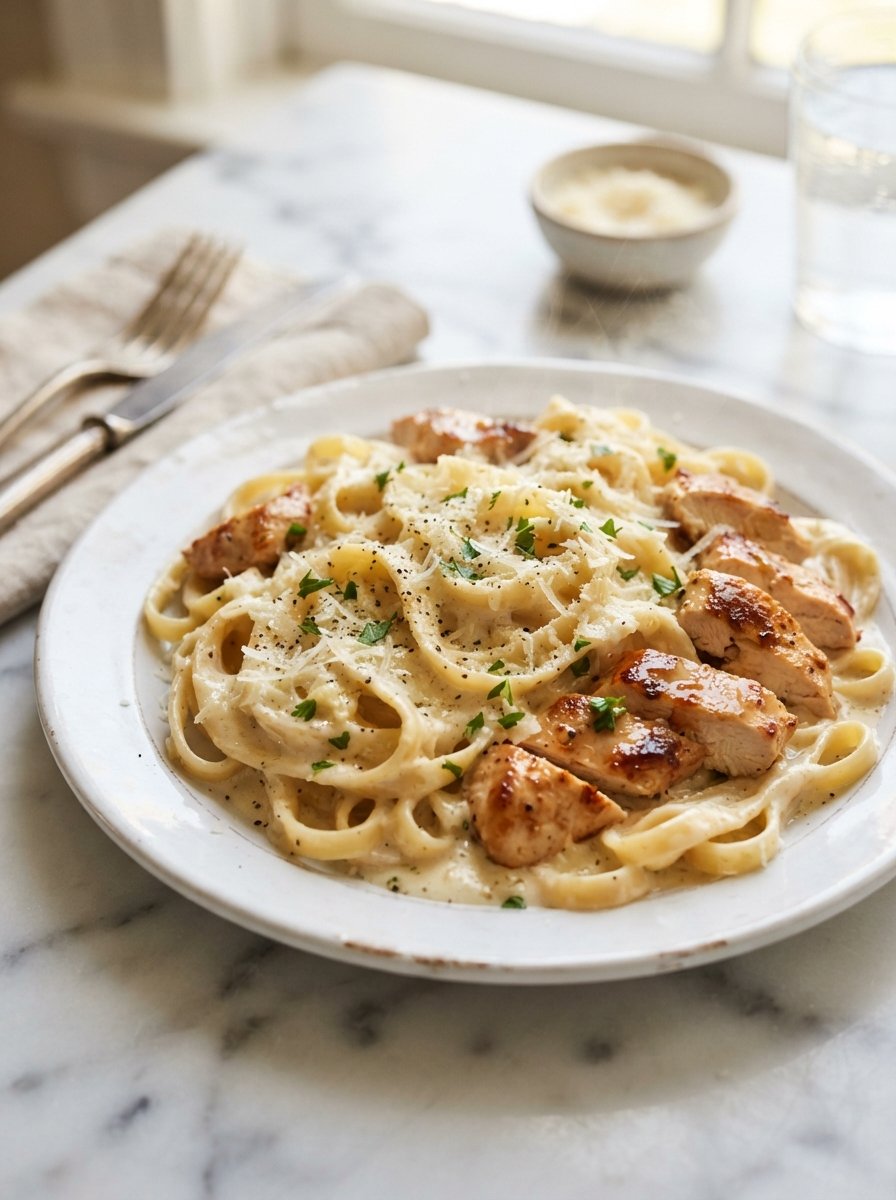 Easy creamy garlic chicken pasta recipe with tender chicken and Parmesan sauce