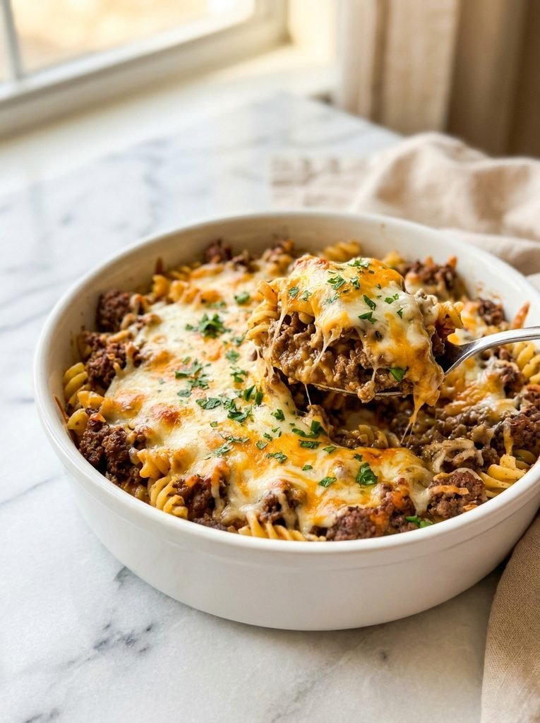 Ground beef casserole with tender pasta, tomato sauce, and melted cheese