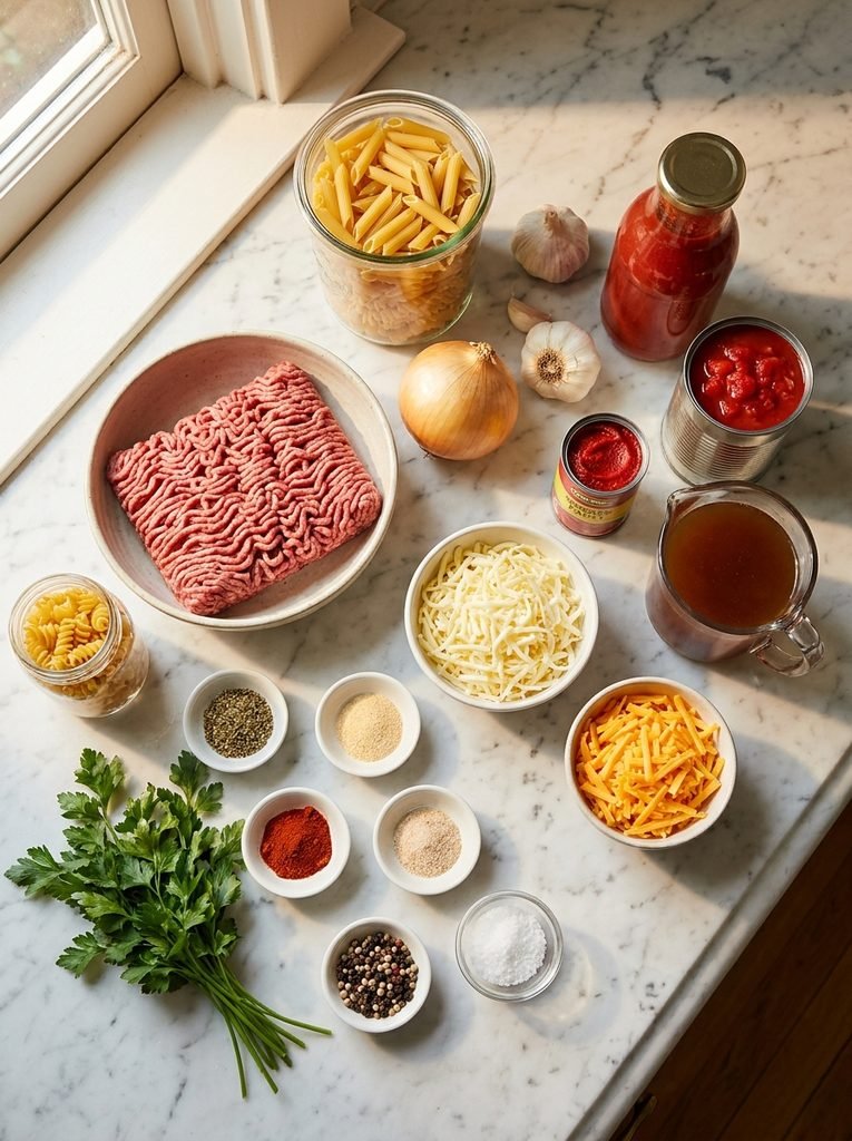 Easy ground beef pasta recipe ingredients arranged