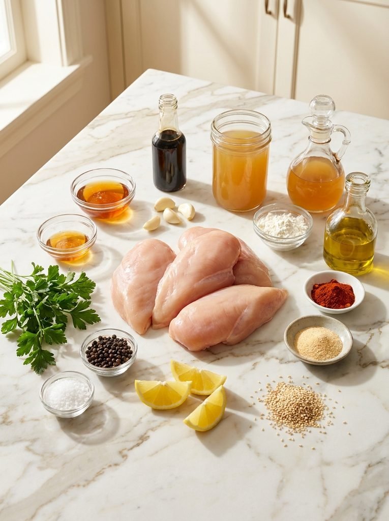 Honey garlic chicken recipe ingredients on white marble