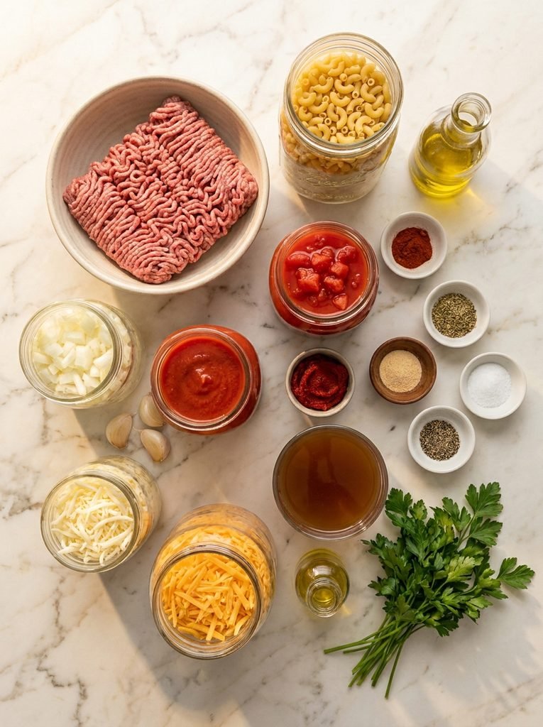 Easy ground beef casserole recipe ingredients on white marble