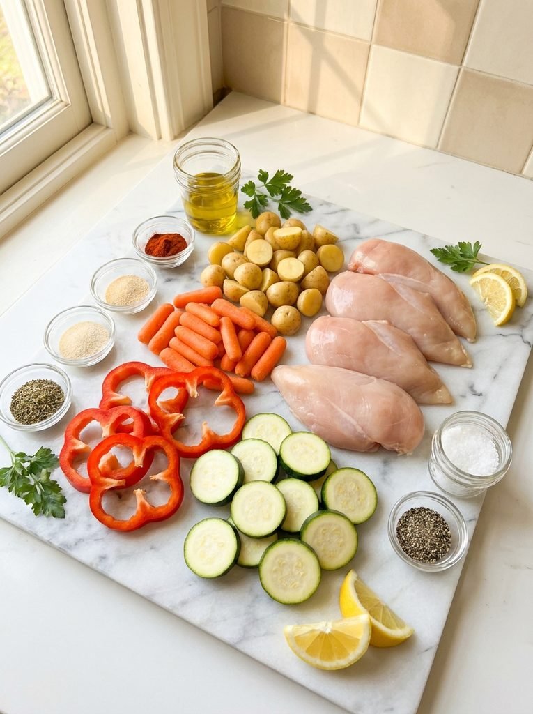 Ingredients for one pan chicken dinner on white marble