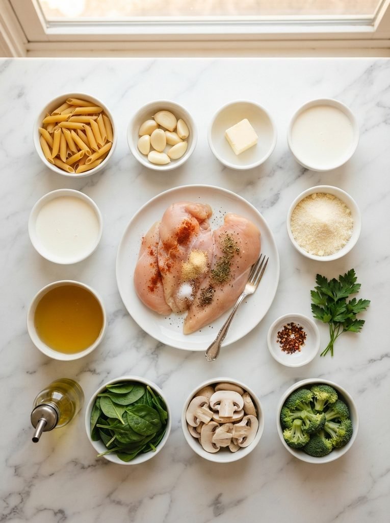 Easy creamy garlic chicken pasta recipe ingredients on white marble