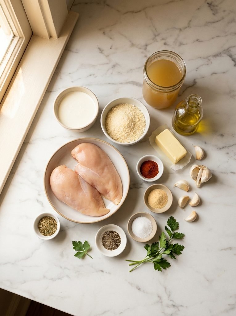 Ingredients forCreamy Garlic Chicken Recipe arranged on white marble