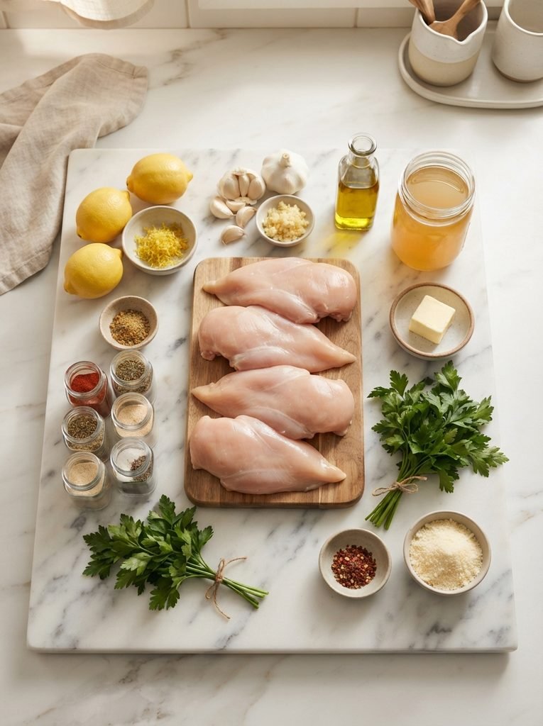 Lemon garlic chicken recipe ingredients on white marble