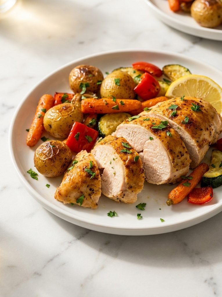 One pan chicken dinner with juicy roasted chicken and vegetables