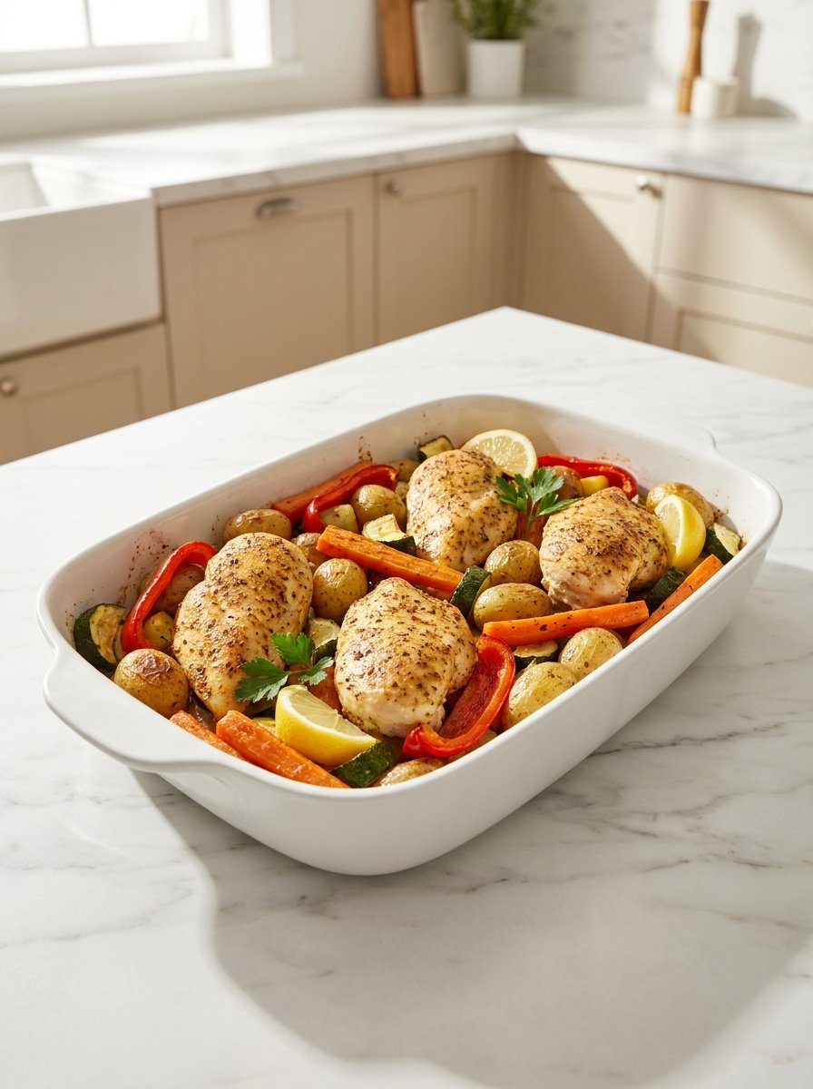 One pan chicken dinner with juicy chicken and roasted vegetables