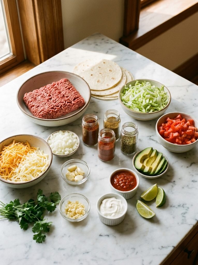 Easy ground beef tacos recipe ingredients arranged