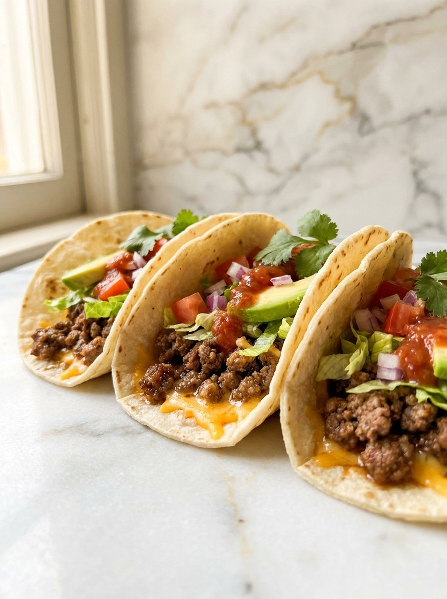 Easy ground beef tacos recipe with seasoned beef, cheese, and fresh toppings